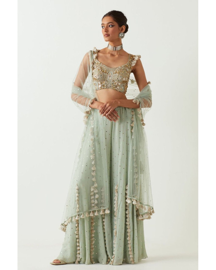 Womens Payal Singhal | Mint Embroidered Choli With Sharara And Dupatta