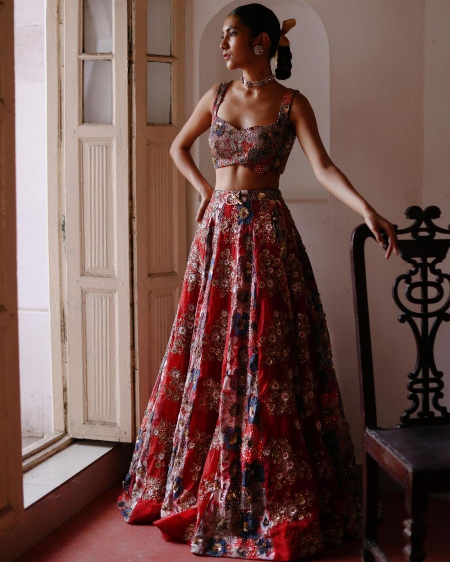 Bridal Geethika Kanumilli | Print And Floral Bunches Alternate Panels Lehenga Set