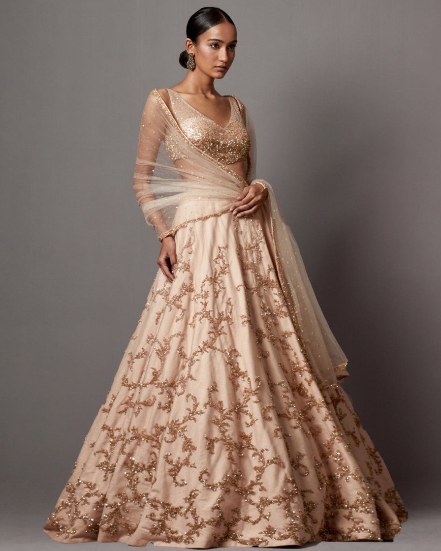 Bridal Mala u0026 Kinnary | Beige Jaal Baroque Lehenga Set