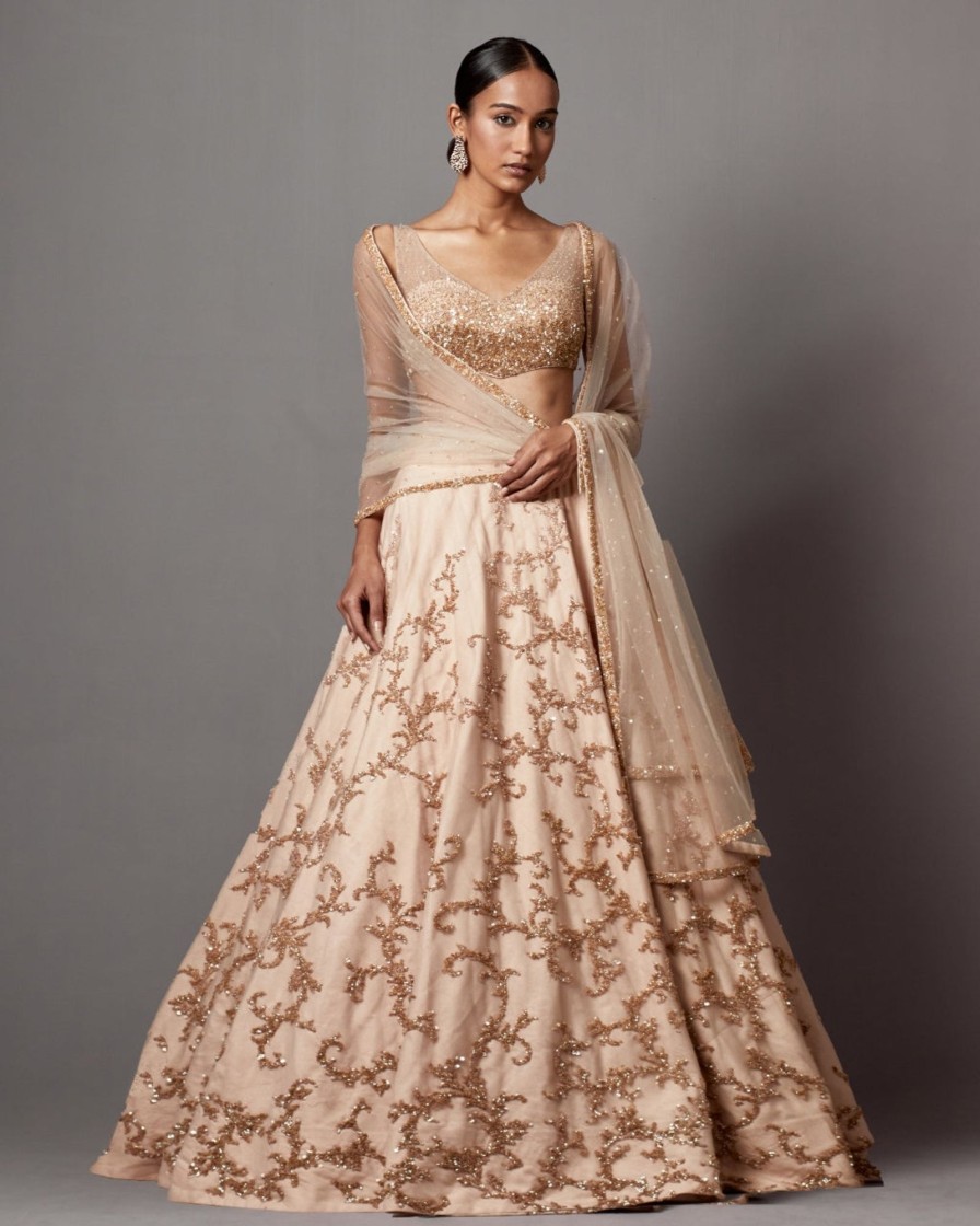 Bridal Mala u0026 Kinnary | Beige Jaal Baroque Lehenga Set