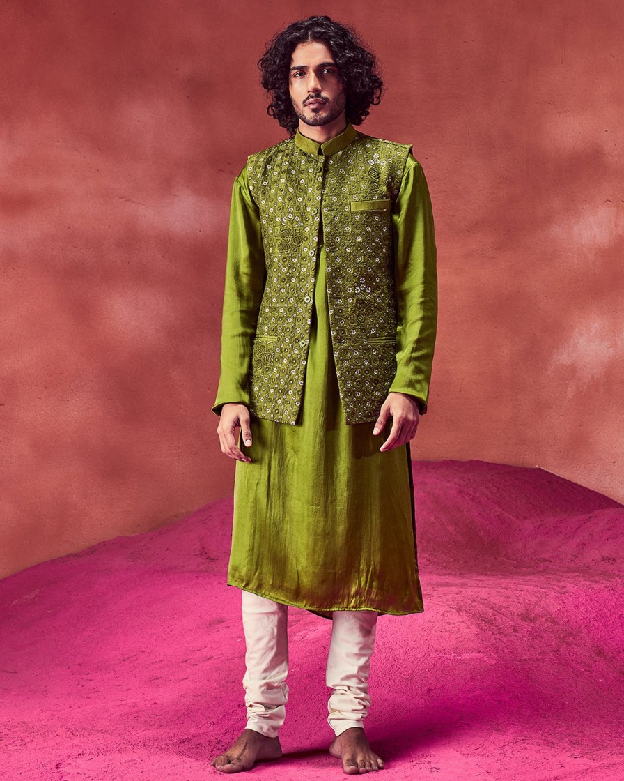 Mens Punit Balana Menswear | Olive Green Embroidered Bandi With Kurta Set