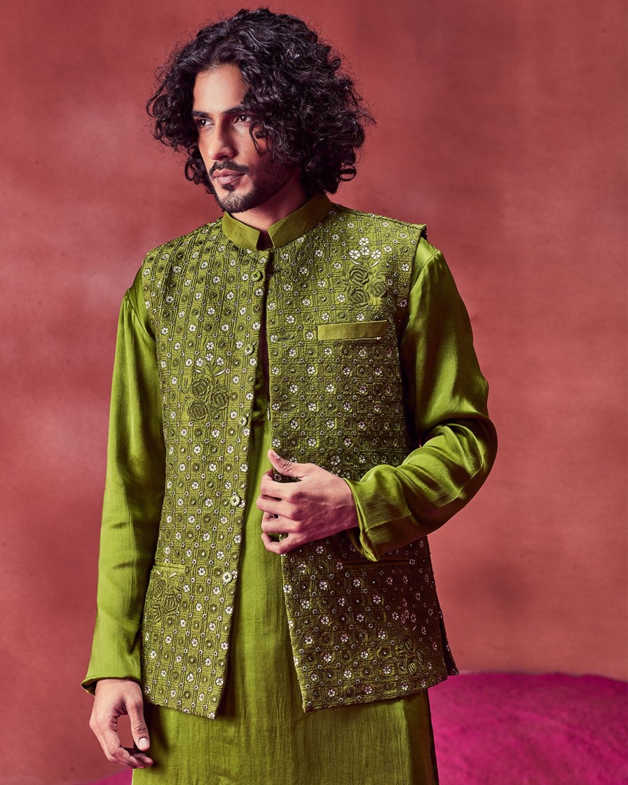 Mens Punit Balana Menswear | Olive Green Embroidered Bandi With Kurta Set