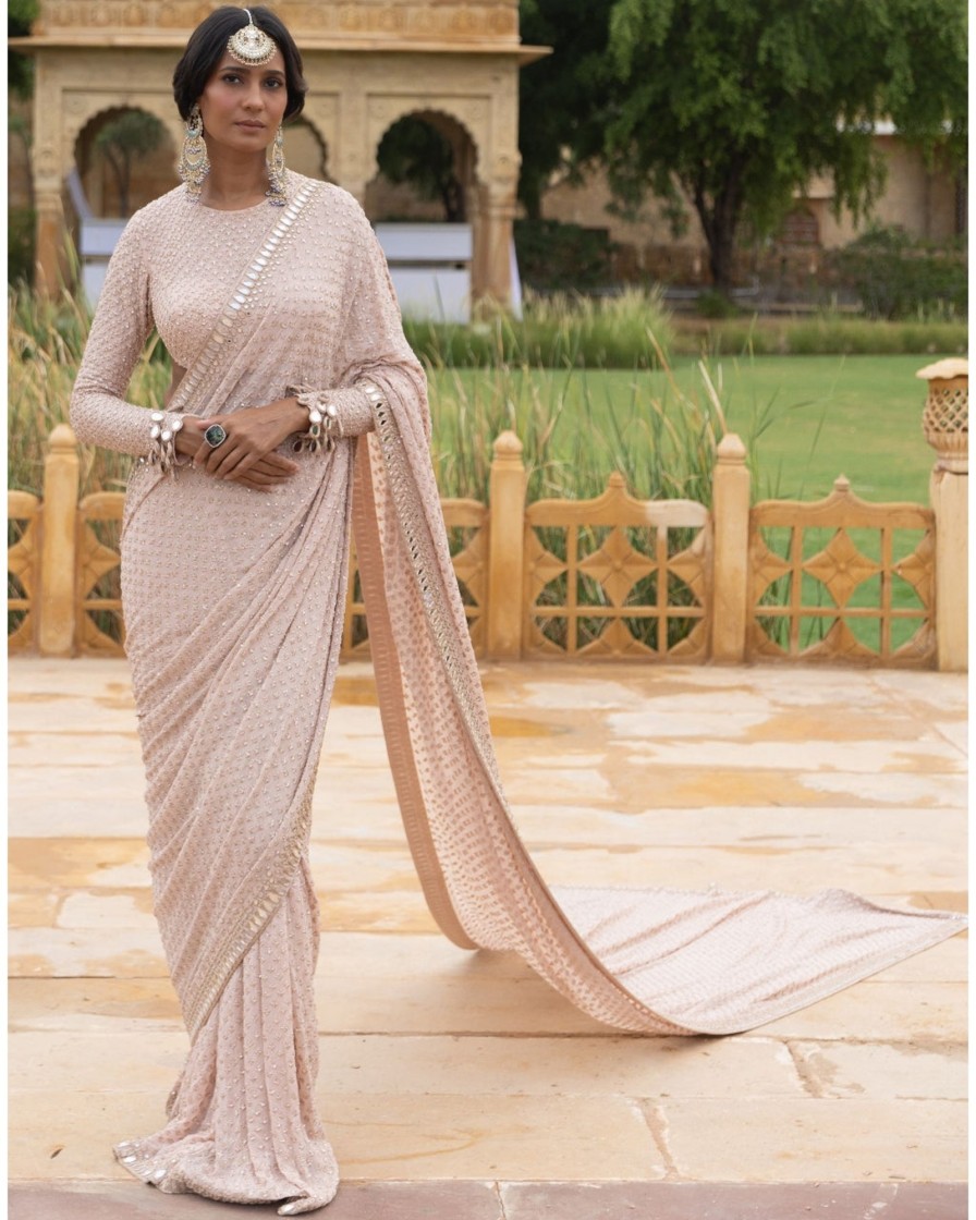 Womens Arpita Mehta | Classic Dusty Pink Embroidered Sari Set