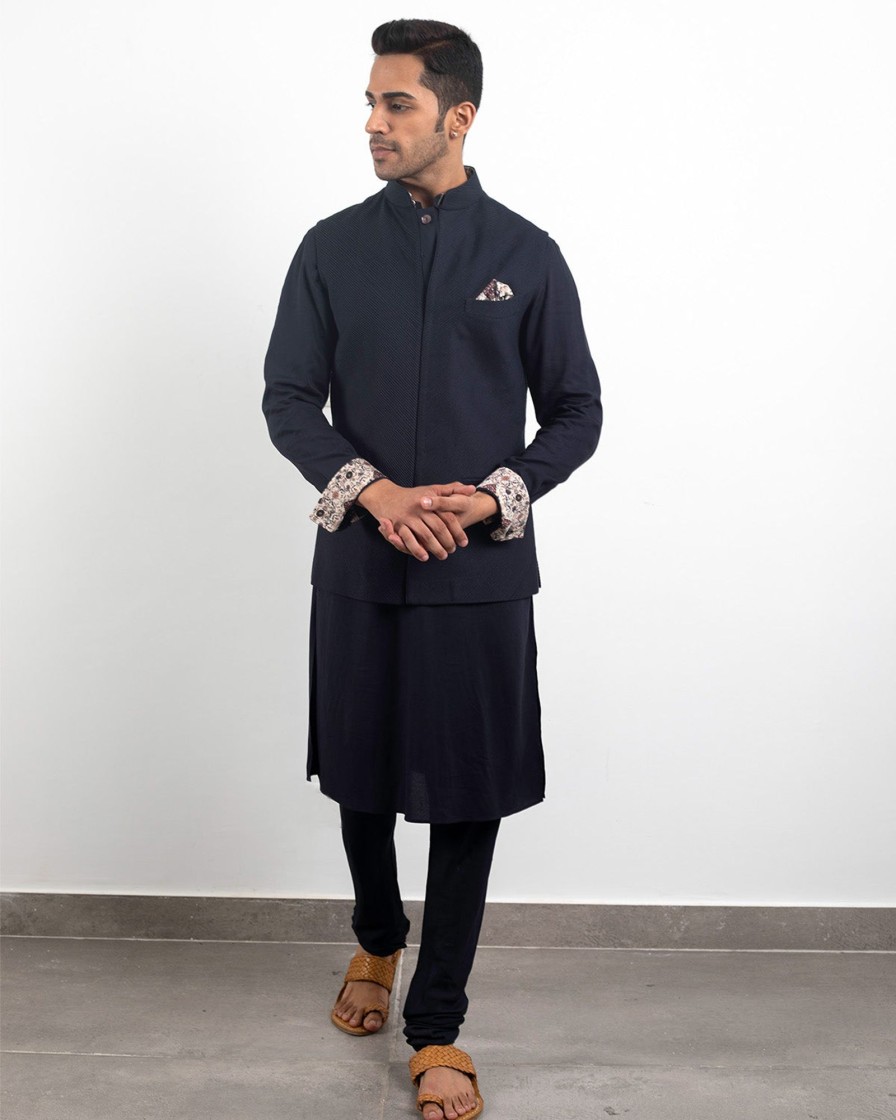 Mens Arjan Dugal | Navy Blue Silk Kurta Set