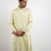 Mens Arjan Dugal | Lime Cream Satin Silk Kurta Set