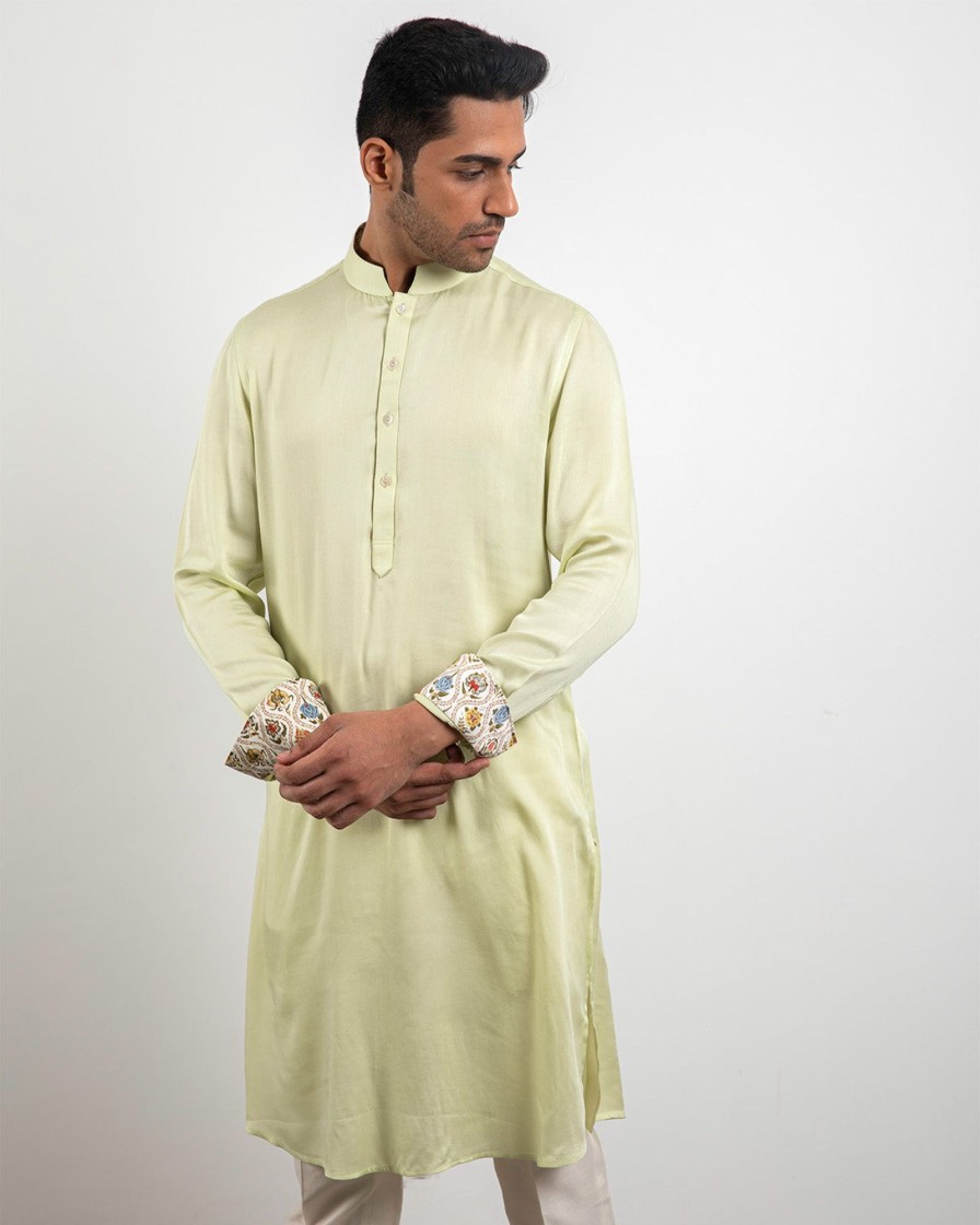 Mens Arjan Dugal | Lime Cream Satin Silk Kurta Set