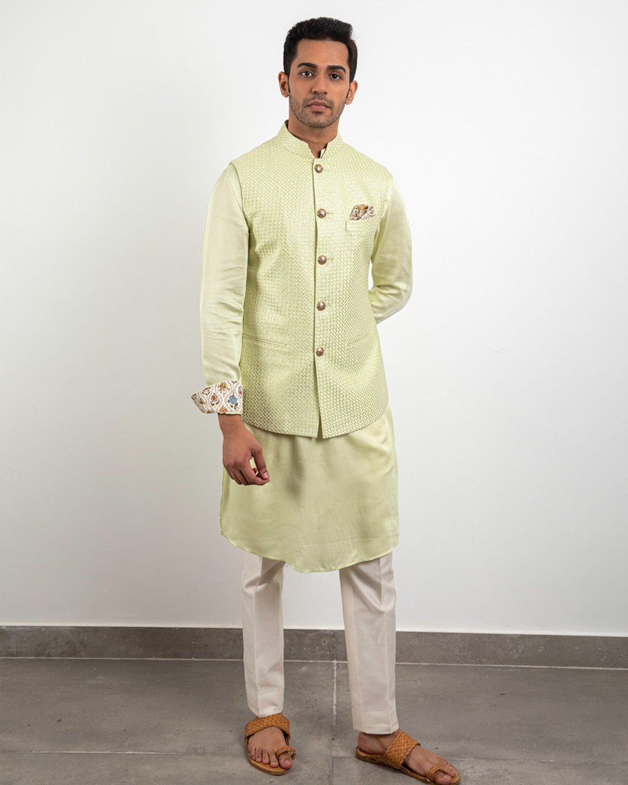 Mens Arjan Dugal | Lime Cream Satin Silk Kurta Set