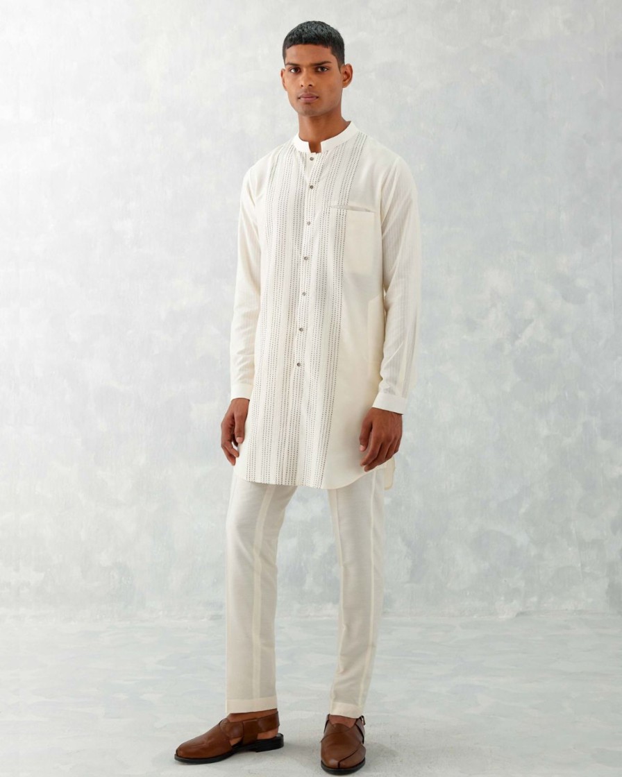 Mens Devnaagri Mens | Ivory Pintucks Short Kurta Set