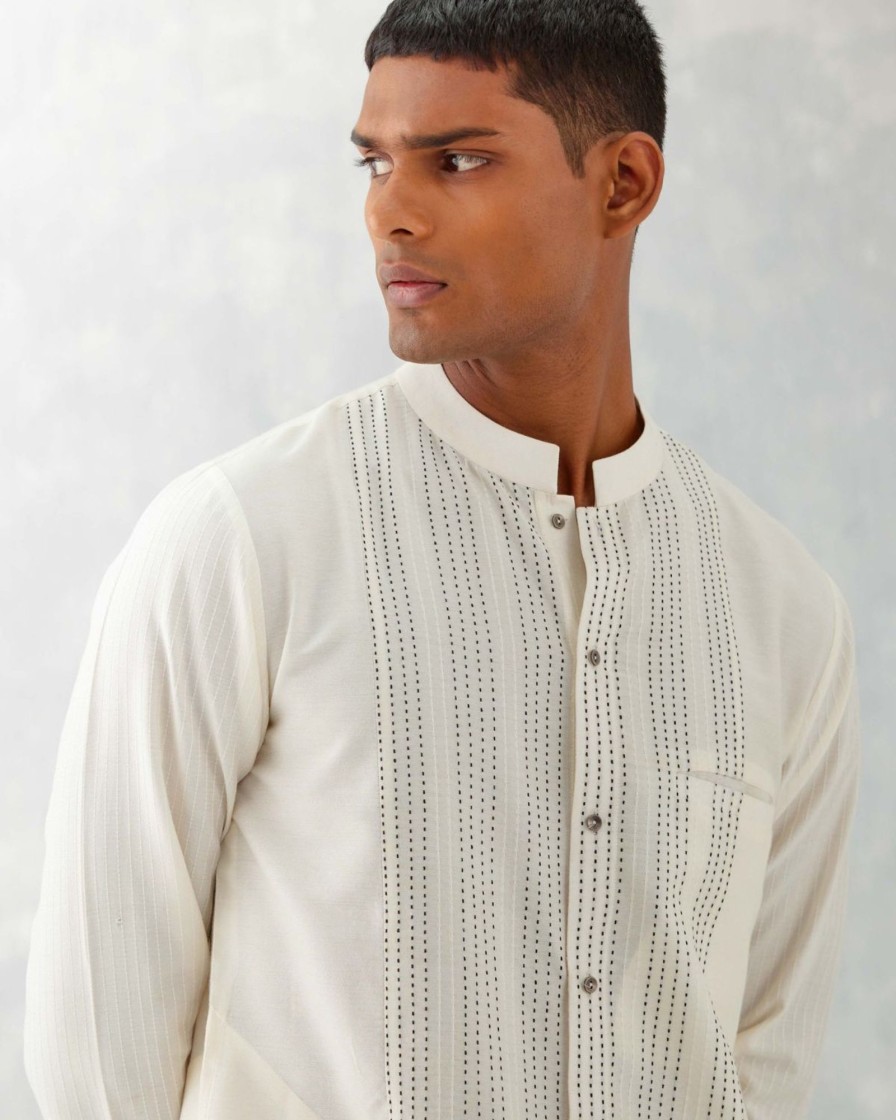 Mens Devnaagri Mens | Ivory Pintucks Short Kurta Set