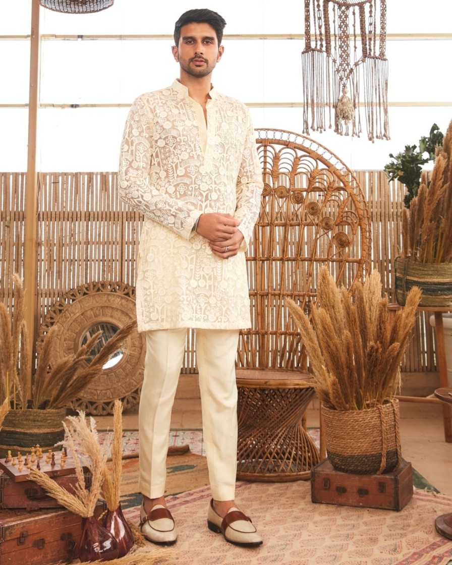 Mens SVA Menswear | Beige Thread Work Kurta Set