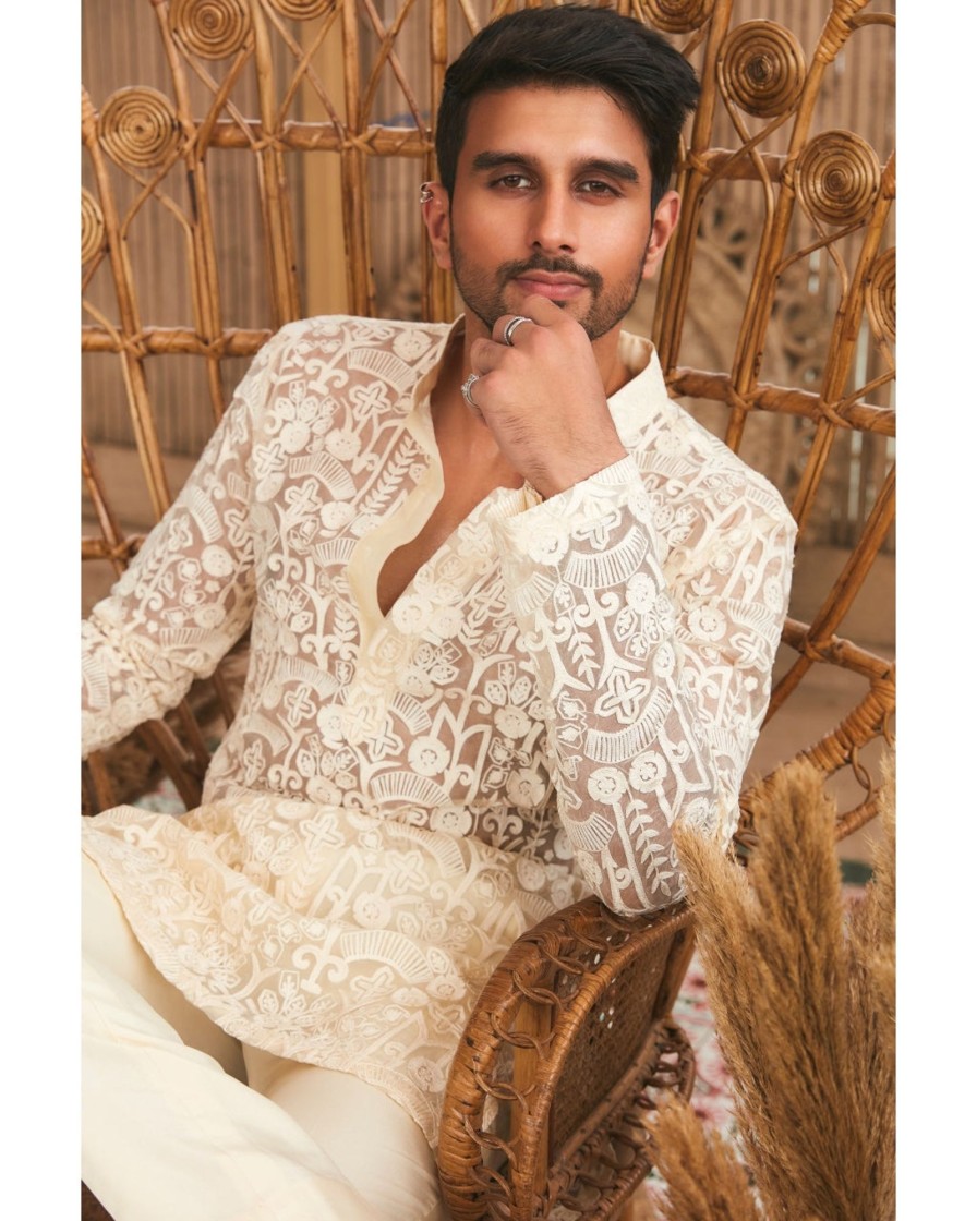 Mens SVA Menswear | Beige Thread Work Kurta Set