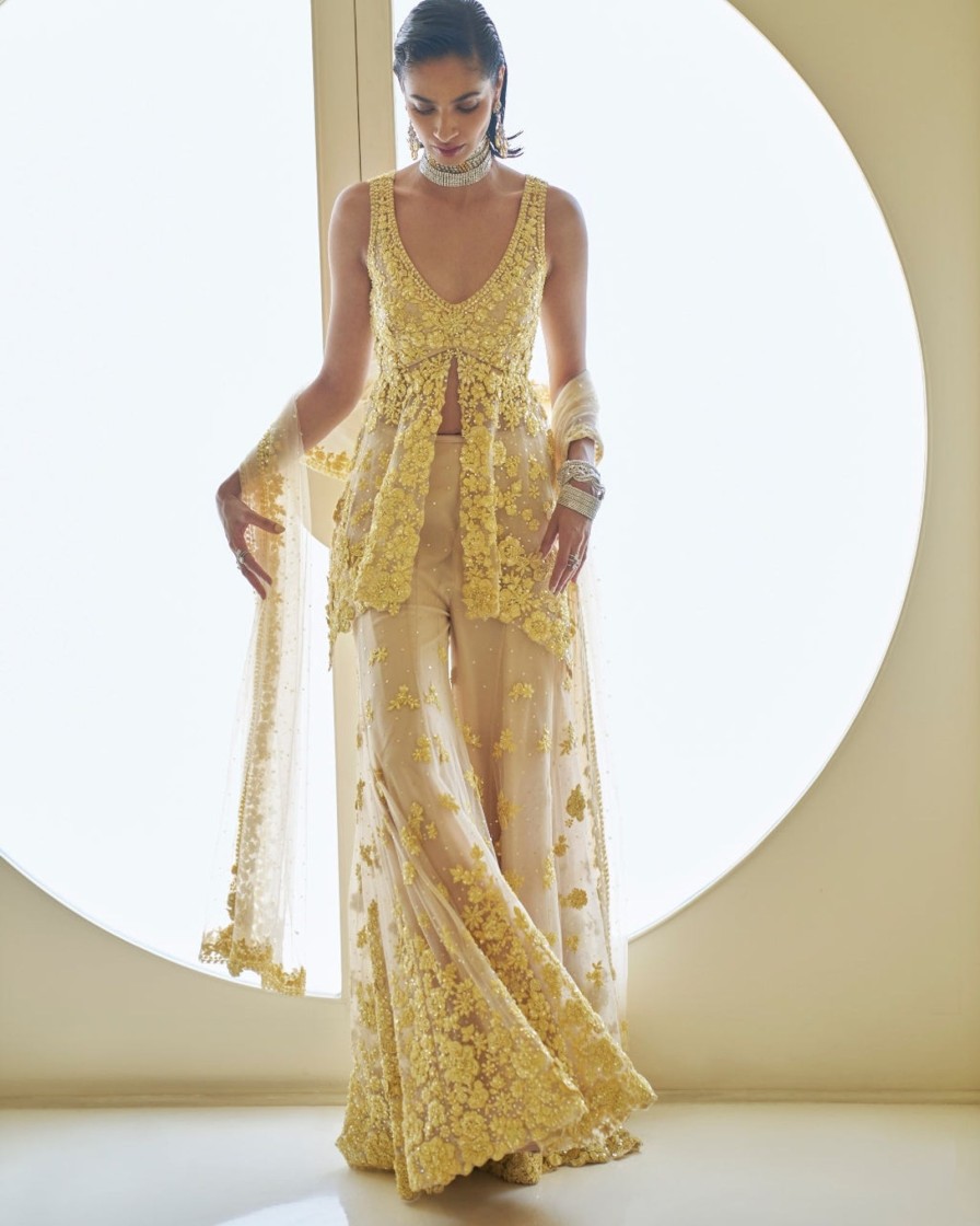 Bridal Seema Gujral | Yellow Three-Dimensional Floral Sharara Set