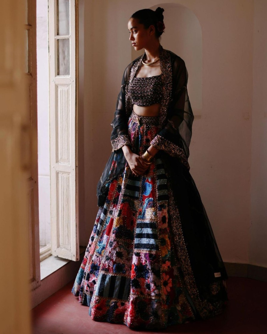 Bridal Geethika Kanumilli | Scarlet Noir Floral Mosaic Symphony Lehenga Set