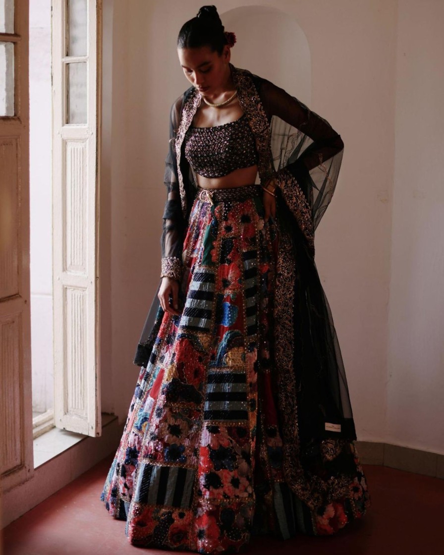 Bridal Geethika Kanumilli | Scarlet Noir Floral Mosaic Symphony Lehenga Set