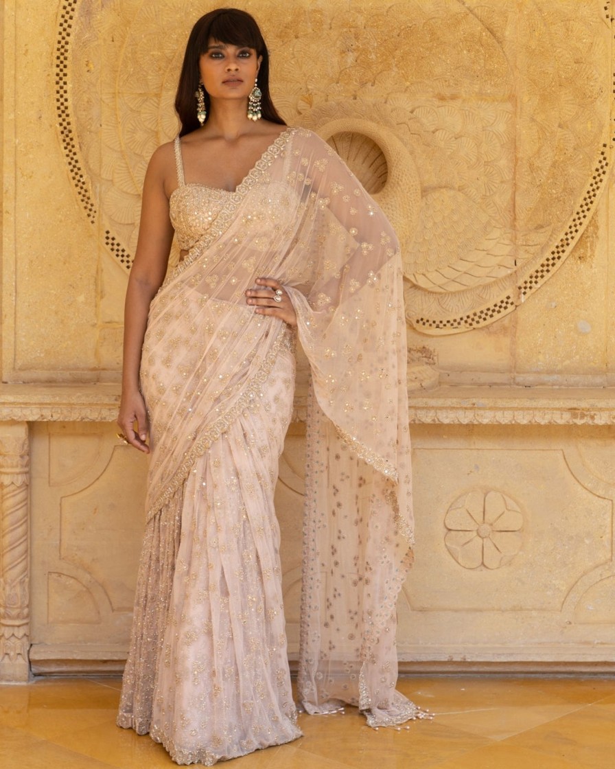 Womens Arpita Mehta | Dusty Pink With Rose Gold Embroidery Sari Set