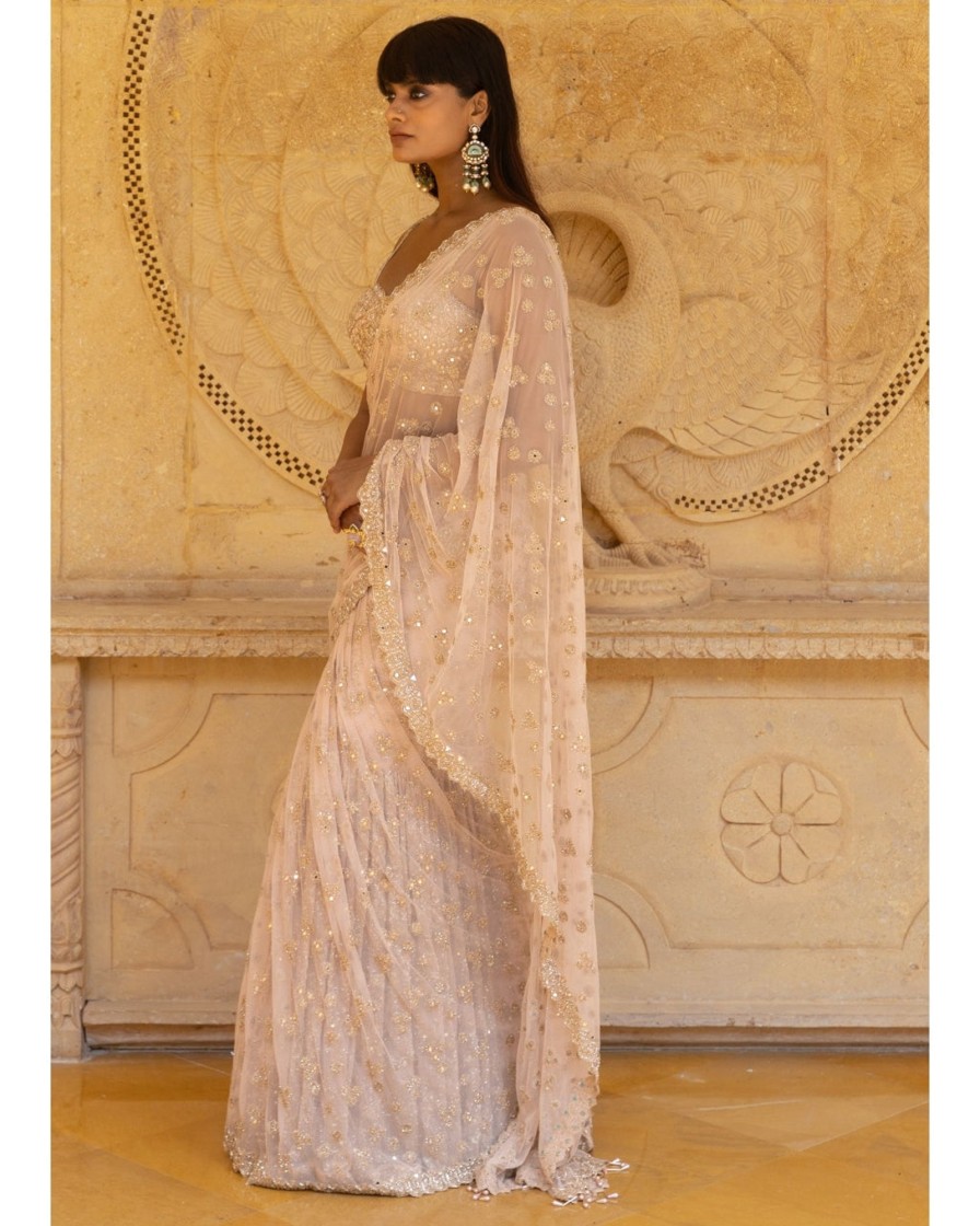 Womens Arpita Mehta | Dusty Pink With Rose Gold Embroidery Sari Set