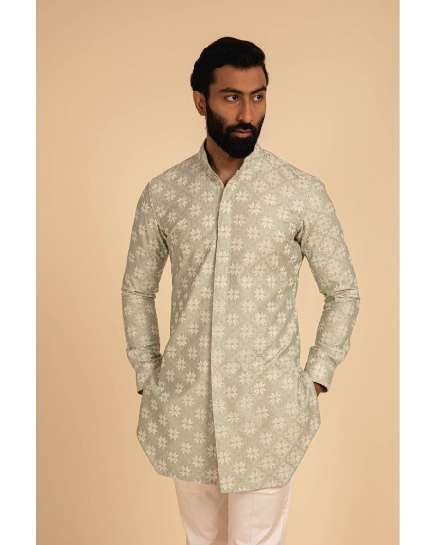 Mens Arjan Dugal | Green Front Open Kurta Set