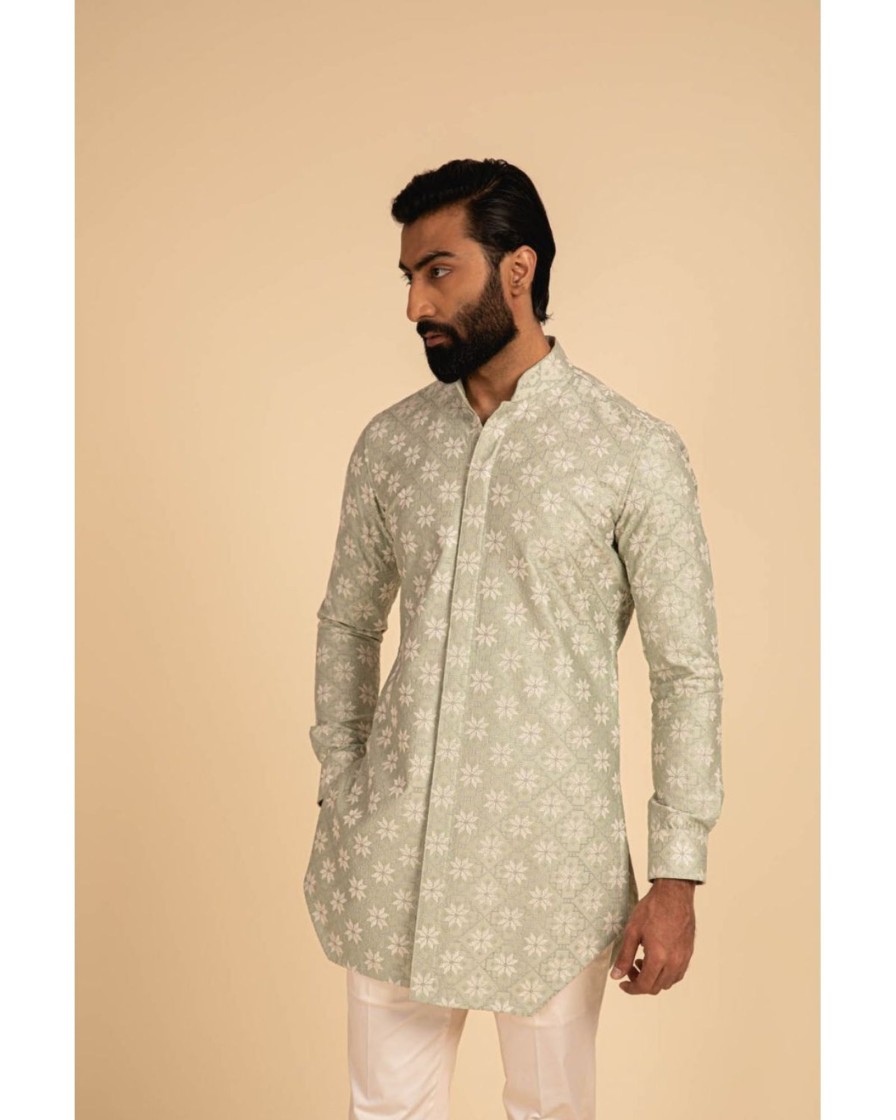 Mens Arjan Dugal | Green Front Open Kurta Set