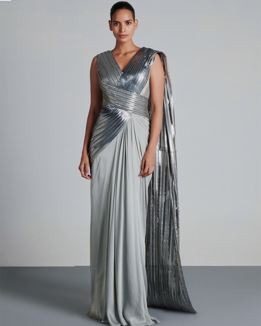 Womens Amit Aggarwal | Ice Gray Metallic Winged Sari