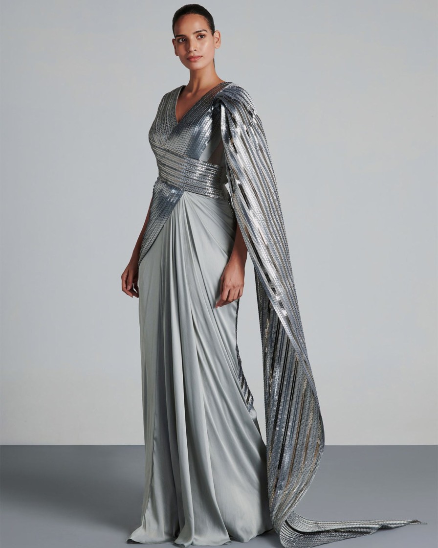 Womens Amit Aggarwal | Ice Gray Metallic Winged Sari