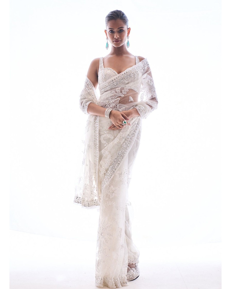 Bridal Seema Gujral | Ivory Applique Net Sari