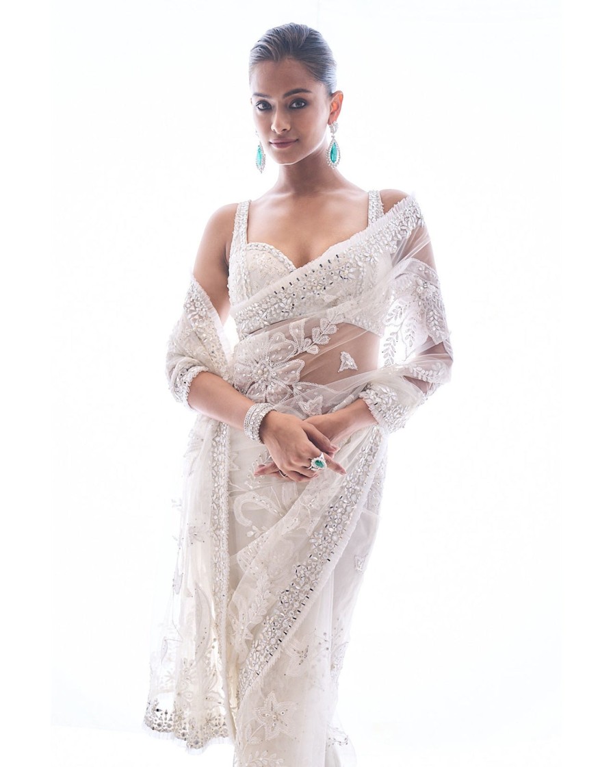 Bridal Seema Gujral | Ivory Applique Net Sari