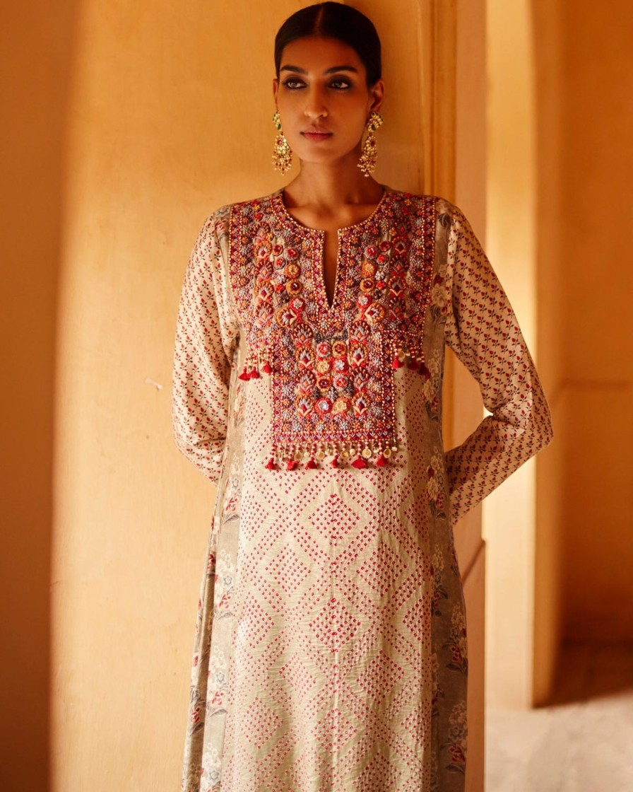 Womens Label Anushree | Grey Embroidered Bandhani Kurta Set