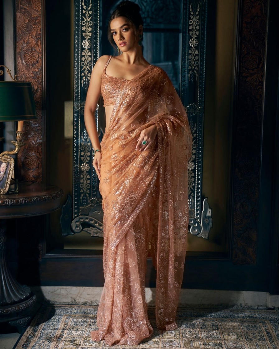 Womens Seema Gujral | Copper Sequin Sari Set