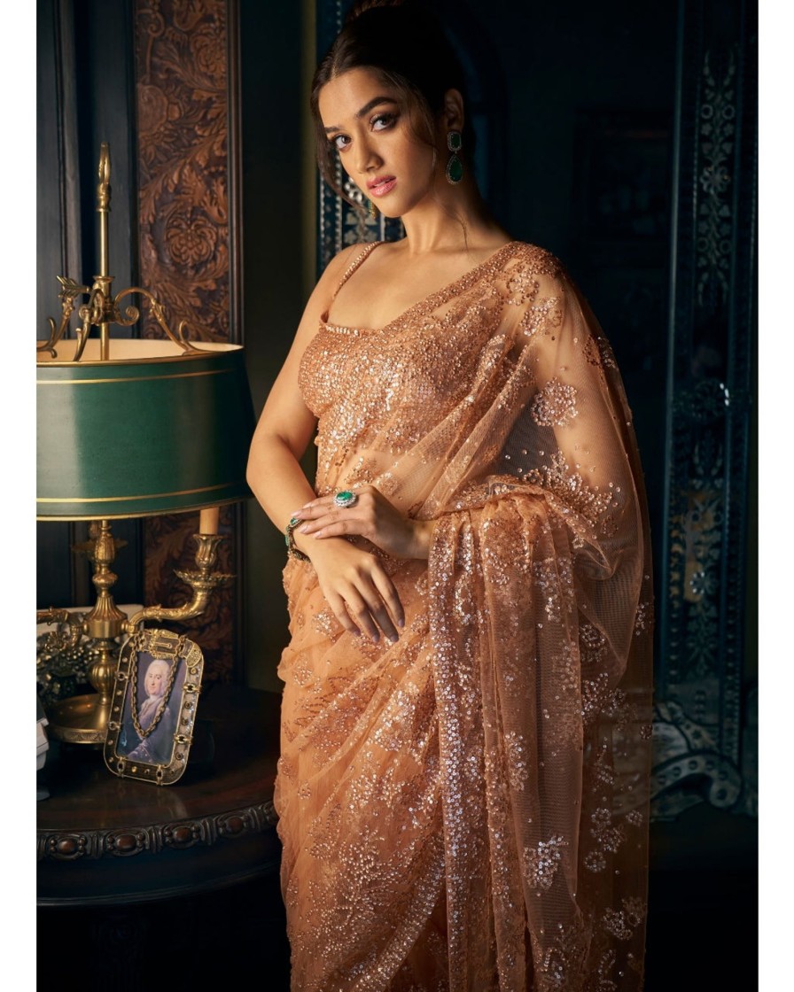 Womens Seema Gujral | Copper Sequin Sari Set