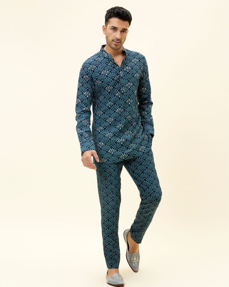 Mens SVA Menswear | Blue Printed Short Kurta Set