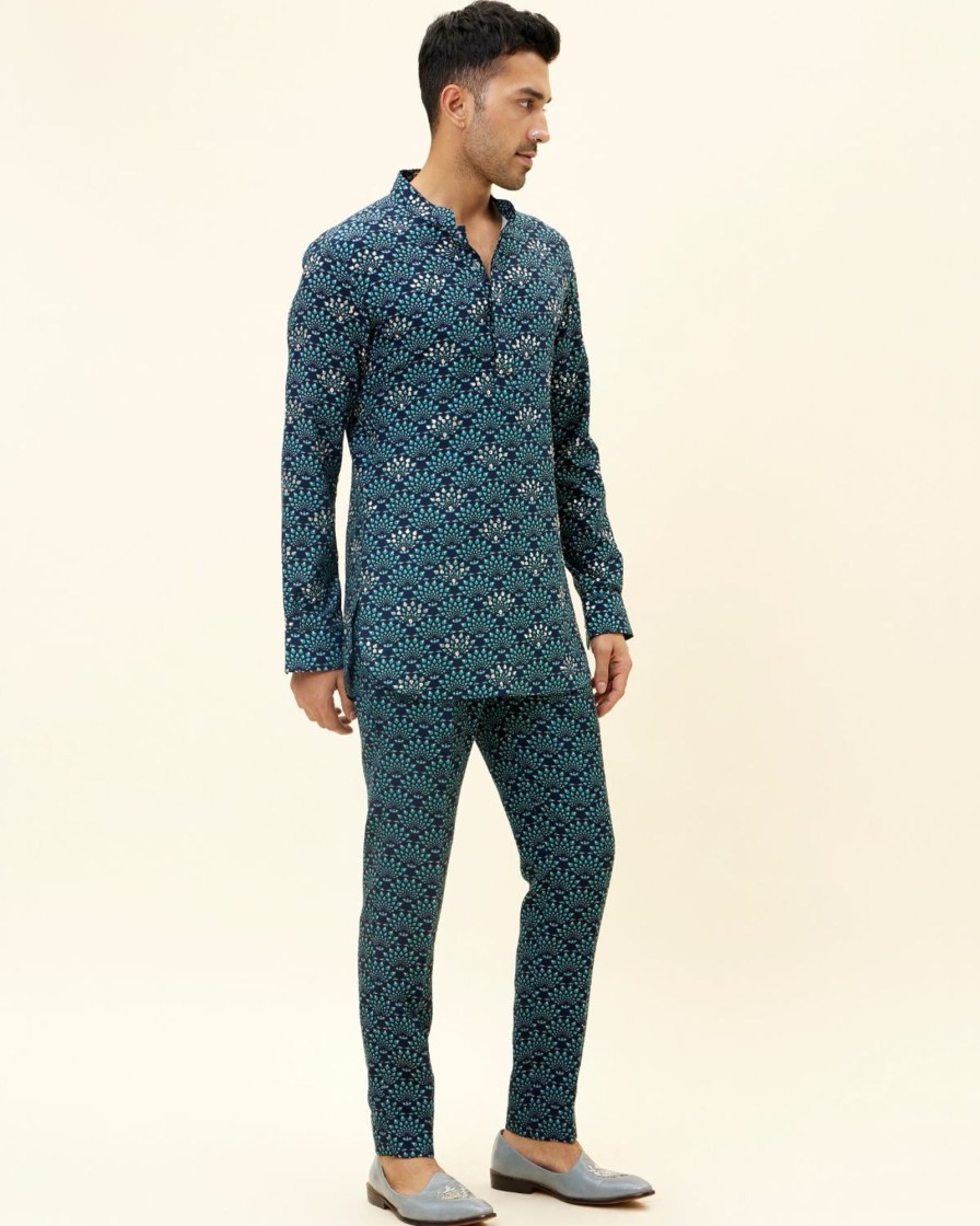 Mens SVA Menswear | Blue Printed Short Kurta Set