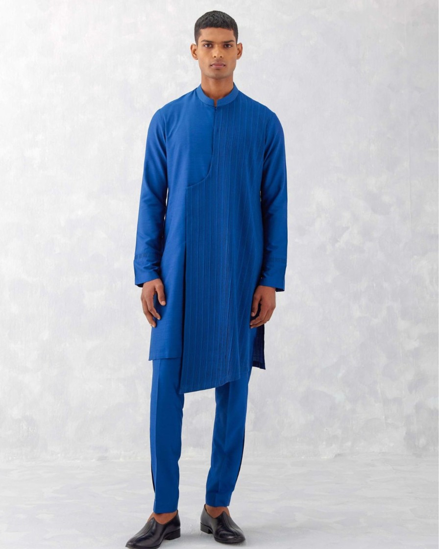 Mens Devnaagri Mens | Blue Cotton Silk Blend Pin Tucks Kurta Set