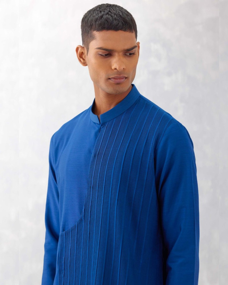 Mens Devnaagri Mens | Blue Cotton Silk Blend Pin Tucks Kurta Set