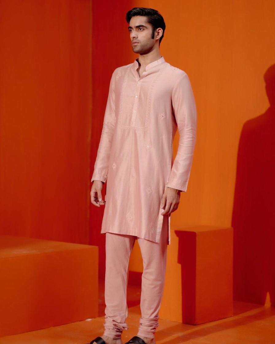 Mens Devnaagri Mens | Blush Pink Self Embroidered Chanderi Kurta Set