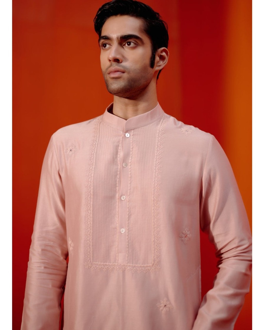 Mens Devnaagri Mens | Blush Pink Self Embroidered Chanderi Kurta Set