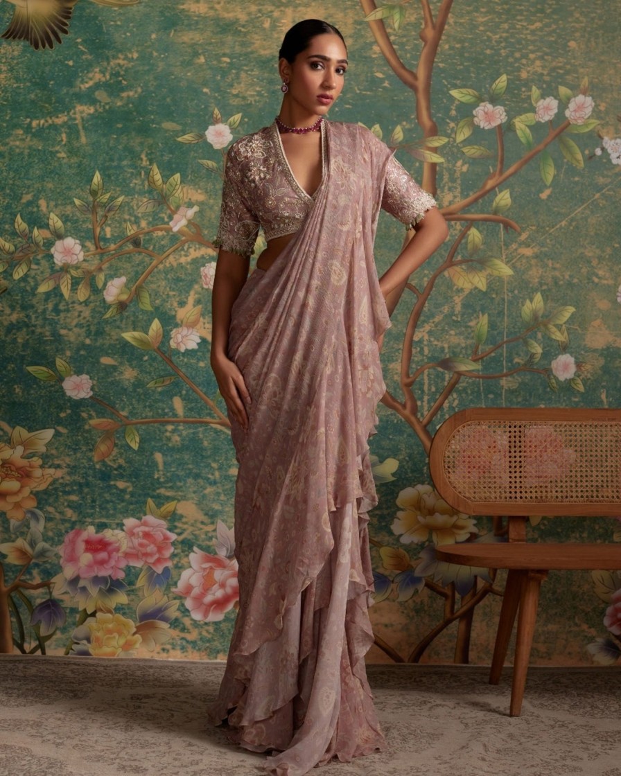 Womens Ridhi Mehra | Dusky Pink Print Flamboyance Sari Set