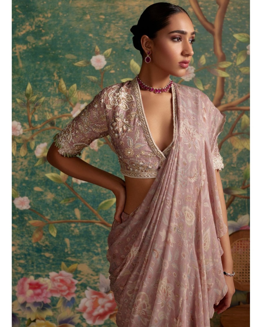 Womens Ridhi Mehra | Dusky Pink Print Flamboyance Sari Set