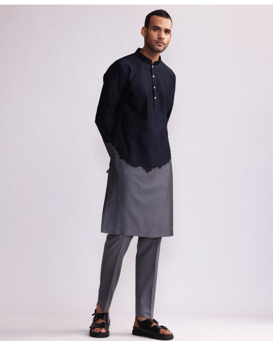 Mens Country Made | Navy Half And Half Kurta With Matching Pants Set