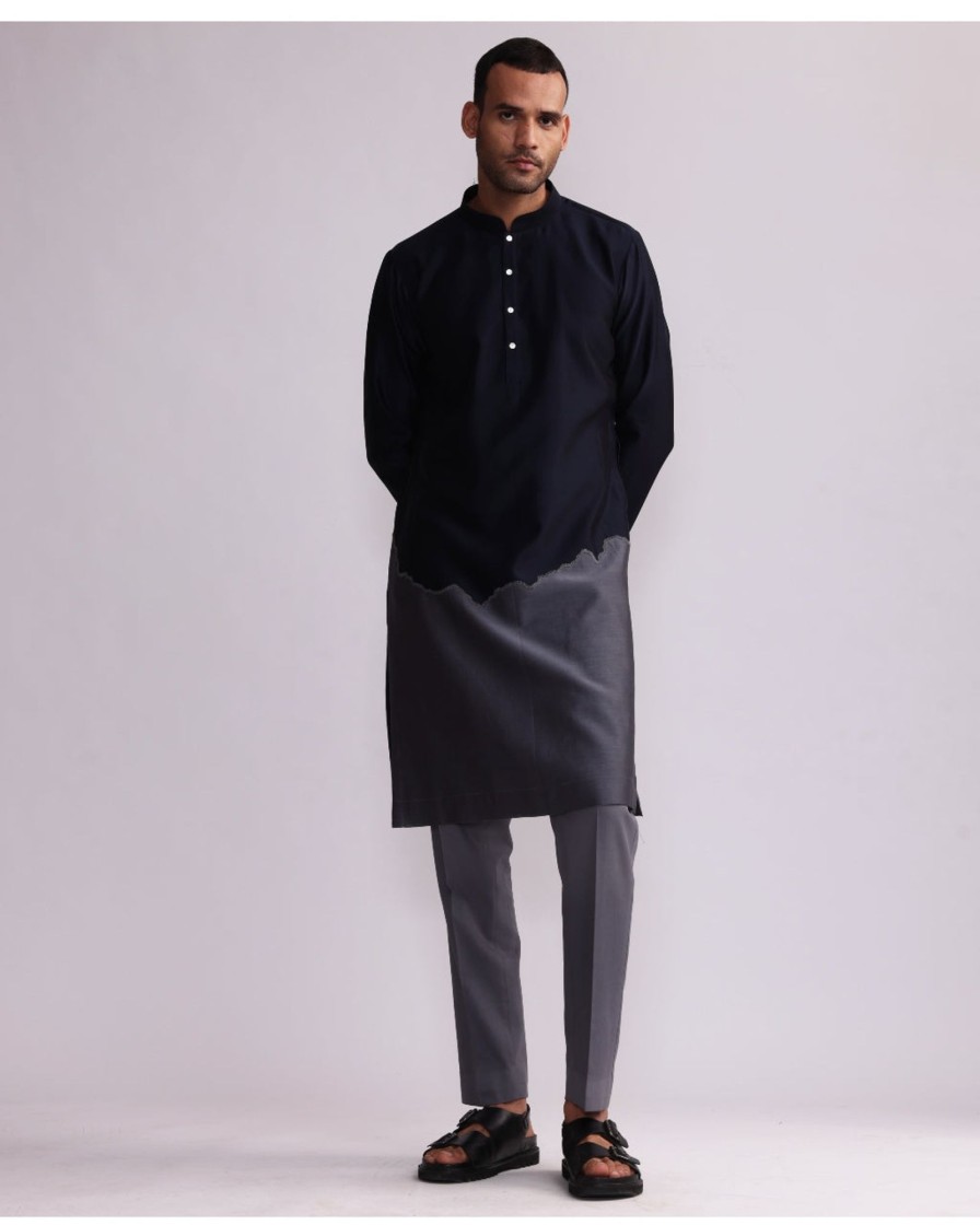 Mens Country Made | Navy Half And Half Kurta With Matching Pants Set