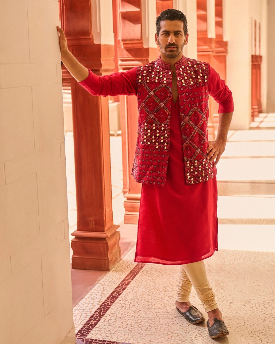 Mens Punit Balana Menswear | Surkh Laal Kurta Paired With Embroidered Bandi Jacket Paired With Churidar