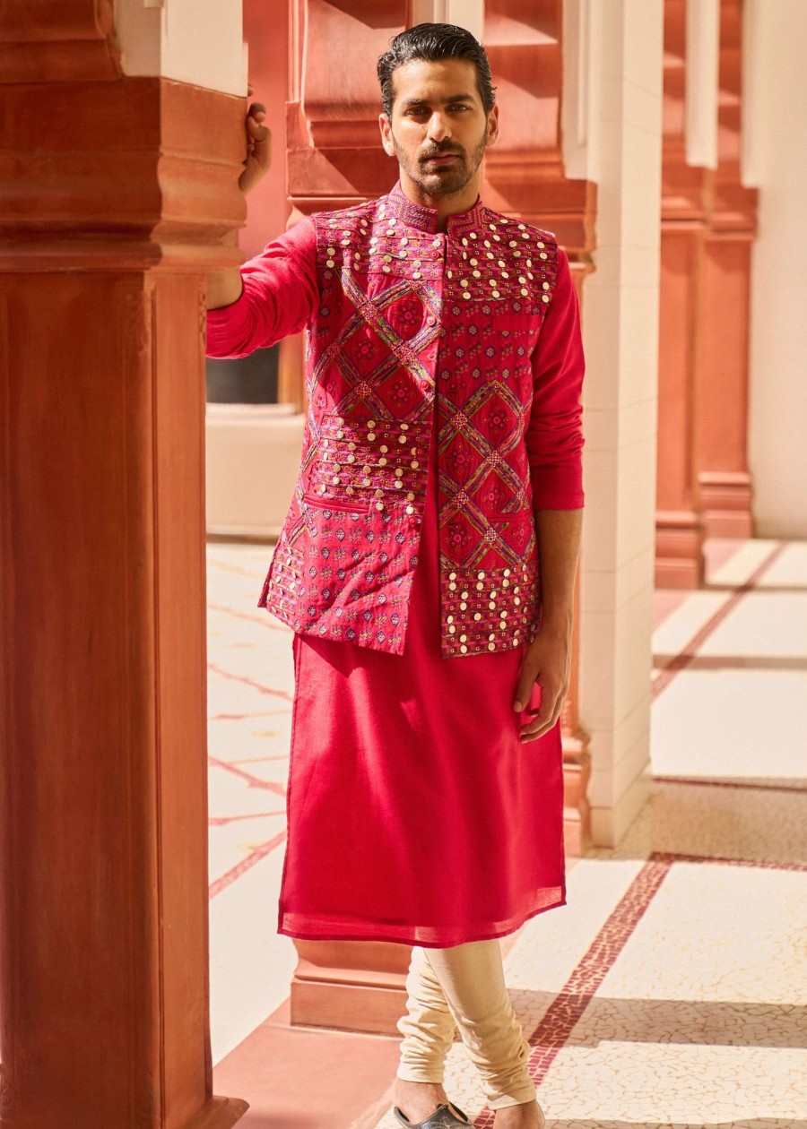 Mens Punit Balana Menswear | Surkh Laal Kurta Paired With Embroidered Bandi Jacket Paired With Churidar