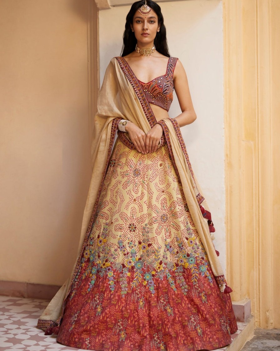 Womens Label Anushree | Rust Embroidered Lehenga Set With Tissue Dupatta