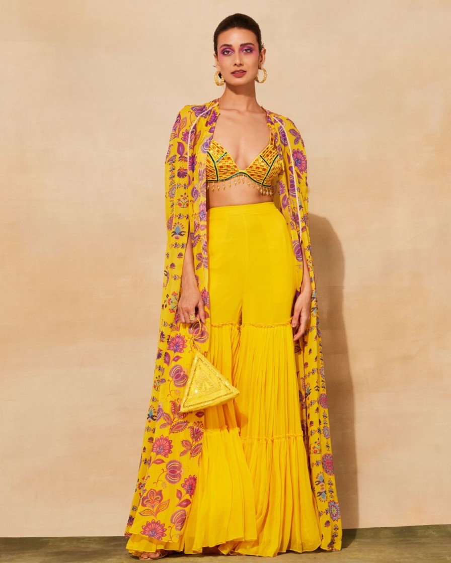 Womens Diya Rajvvir | Yellow Geometric Print Cape Set