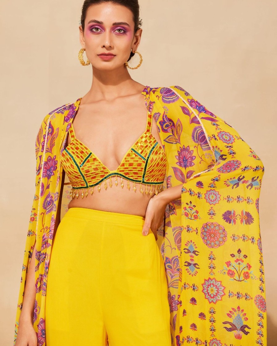 Womens Diya Rajvvir | Yellow Geometric Print Cape Set