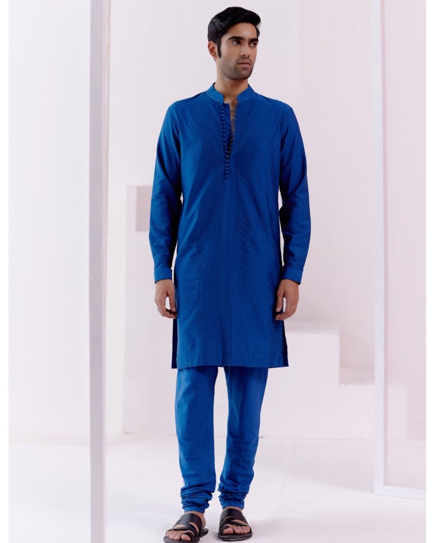 Mens Devnaagri Mens | Royal Blue Pin Tucks Detailed Kurta Set