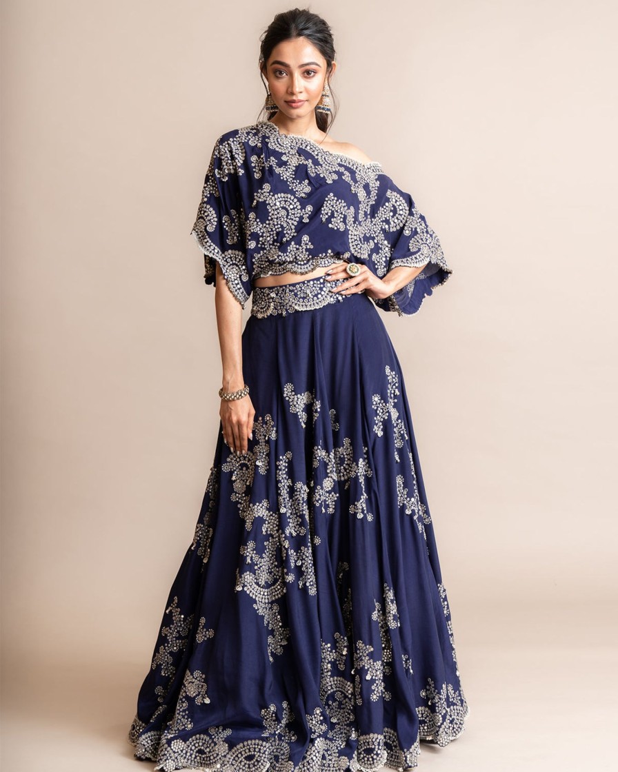 Womens Nupur Kanoi | Navy Blue Off-Shoulder Top And Lehenga