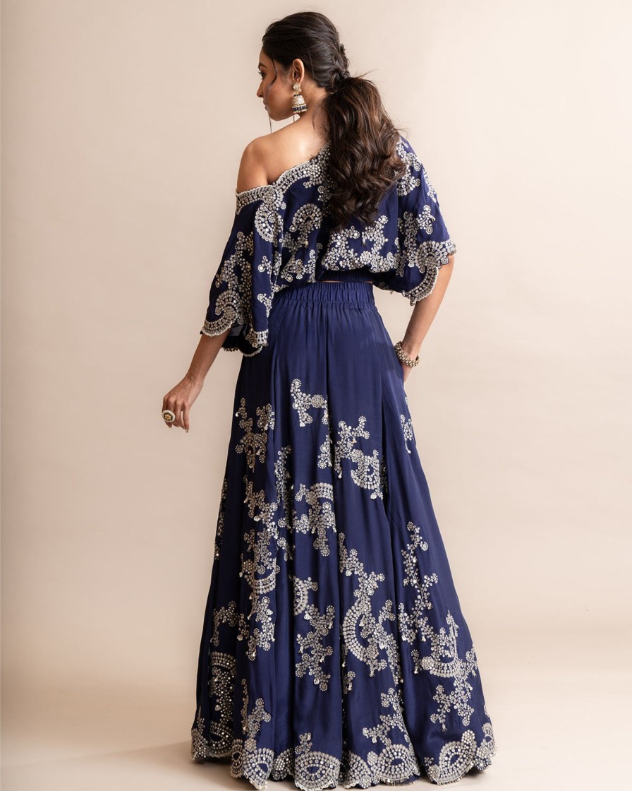 Womens Nupur Kanoi | Navy Blue Off-Shoulder Top And Lehenga