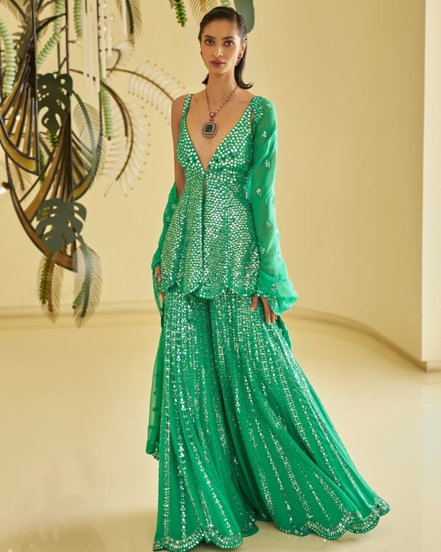 Bridal Seema Gujral | Green Mirror Work Sharara Set