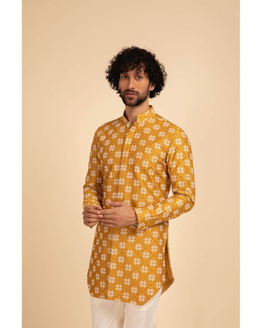 Mens Arjan Dugal | Yellow Front Open Kurta Set