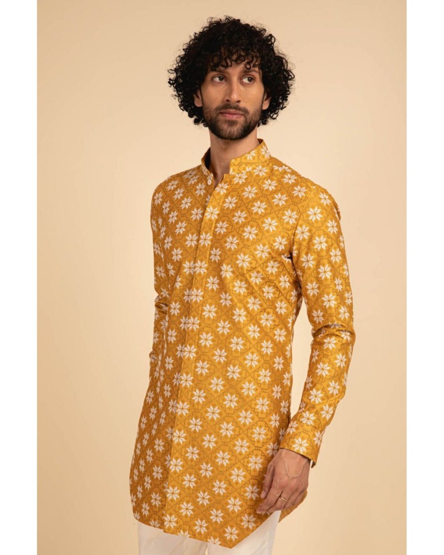 Mens Arjan Dugal | Yellow Front Open Kurta Set